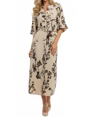 NEW ABS COLLECTION botanical elegance floral midi shirt dress in cream black